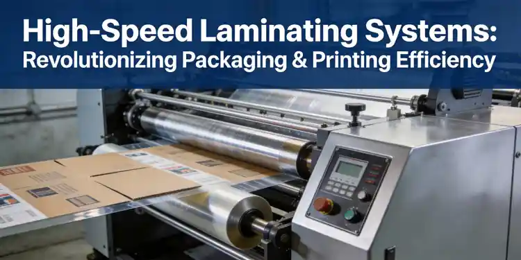 Industrial high-speed laminating machine in operation showing precision film application on packaging materials